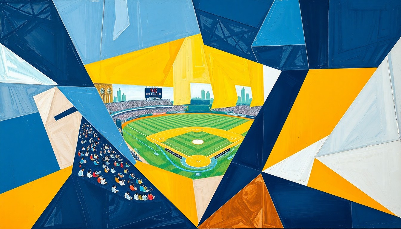 A fractured, geometric painting depicting a college baseball game, with sharp planes of Georgia Tech's gold and navy blue colors overlapping North Carolina's light blue and white, conveying the competitive intensity of the matchup.