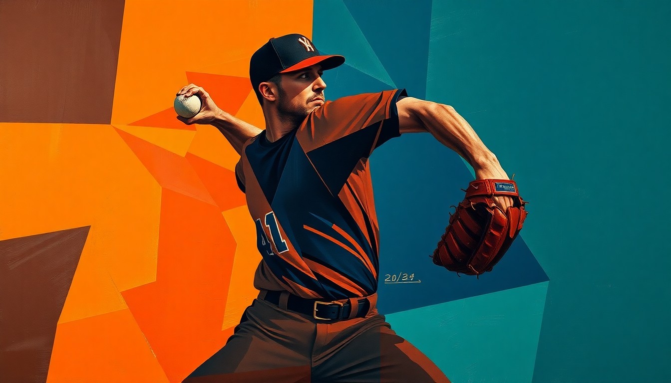 A fractured, multi-angled painting depicting the motion of a baseball pitcher, with sharp geometric shapes and planes in a color palette of navy, orange, and teal, conveying the dynamic action of the sport.