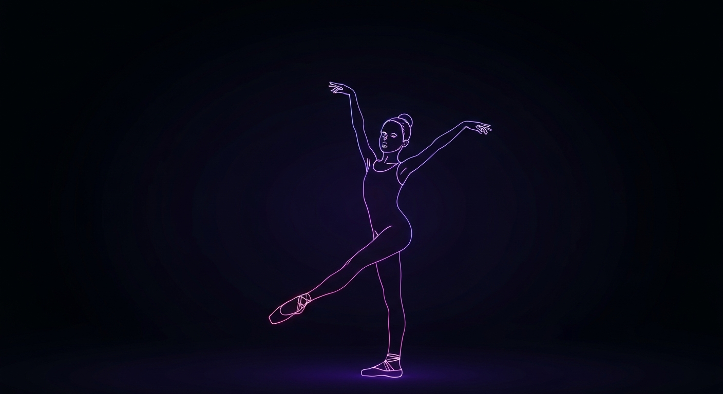 A glowing neon outline of a young dancer in a graceful ballet pose, their limbs flowing with energy and movement, set against a dark background to emphasize the vibrant, electric lines that define the dancer's form.