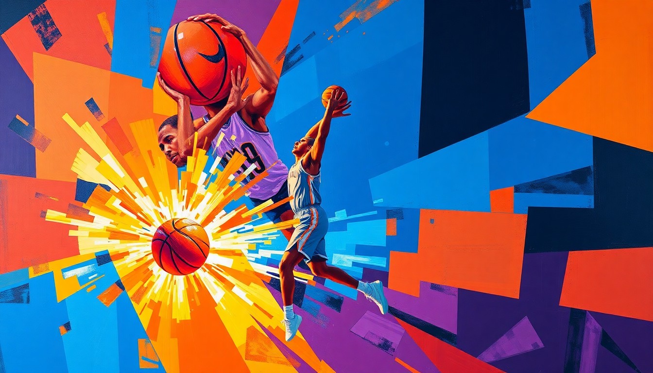 A fragmented, geometric painting in bold colors depicting a basketball player in motion, representing the strategic and emotional complexity of a clutch second-half performance.