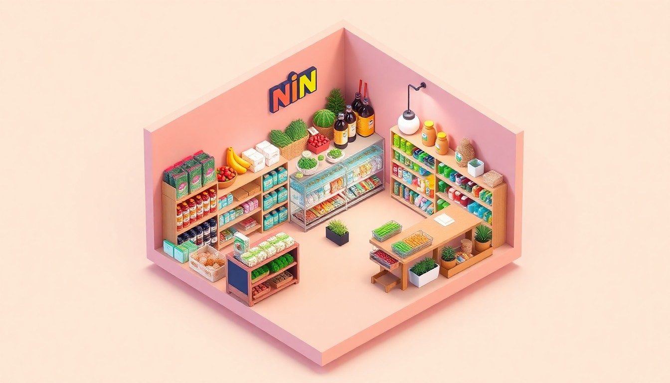 A colorful, minimalist 3D illustration of the interior of a natural foods grocery store, with shelves stocked with organic produce, herbal supplements, and eco-friendly goods, conceptually representing the community-driven values and longevity of Rainbow Grocery Cooperative.