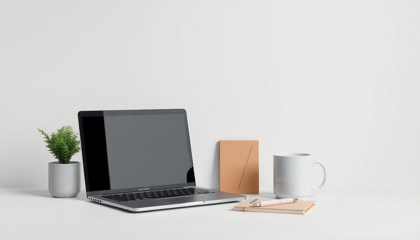 A minimalist studio still life photograph featuring a neatly arranged composition of premium office supplies, including a laptop, notebook, pen, and mug, against a clean, monochromatic background, conceptually representing the modern remote work experience.