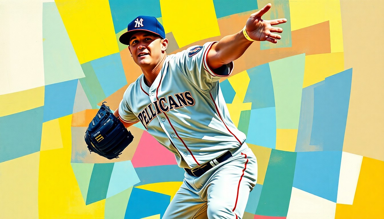 A fragmented, geometric painting depicting the motion of a baseball pitcher, with sharp planes of color representing the Myrtle Beach Pelicans' uniform.