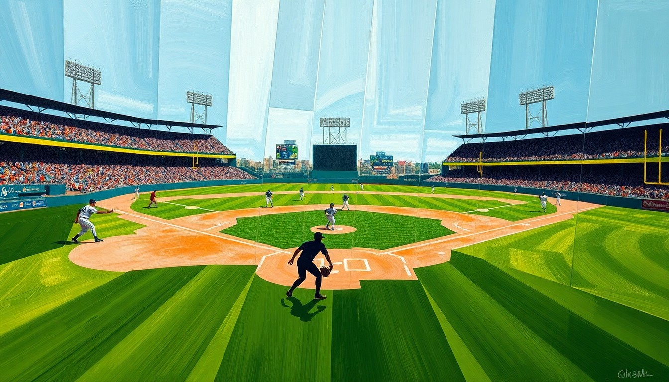 A vibrant, abstract painting featuring overlapping planes of green, white, and human forms in motion, conceptually representing the dynamic action of a baseball game.