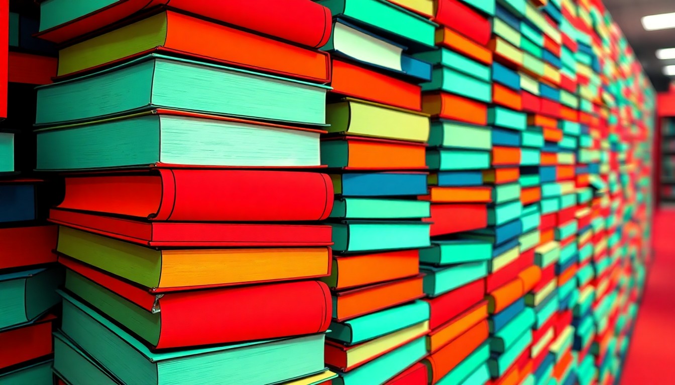 A bold, colorful silkscreen-style illustration featuring a repeating pattern of stylized book stacks in a vibrant neon color palette, capturing the essence of a modernized public library space.