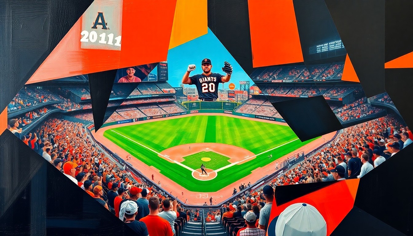 A cubist, geometric painting depicting the energy and action of a baseball game at Oracle Park, with bold colors and overlapping shapes representing the dynamic movement of the sport.