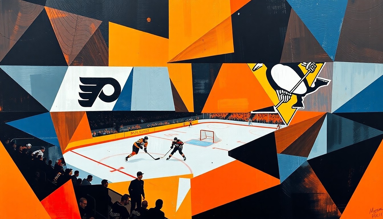 A fragmented, geometric painting in bold colors depicting the movement and energy of a hockey game between the Philadelphia Flyers and Pittsburgh Penguins.