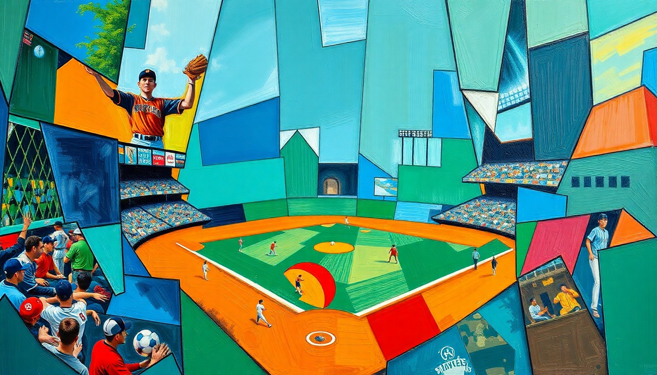 A cubist, geometric painting depicting a baseball player in motion, with sharp, overlapping planes of color representing the dynamic action of the game.