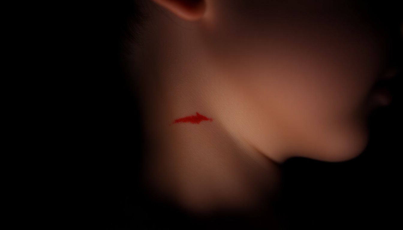 An extreme close-up photograph of a faint red line on a child's neck, captured with harsh, direct lighting to create a stark, gritty, investigative aesthetic that conceptually represents the mystery surrounding the concerning mark on Jaxon's neck.