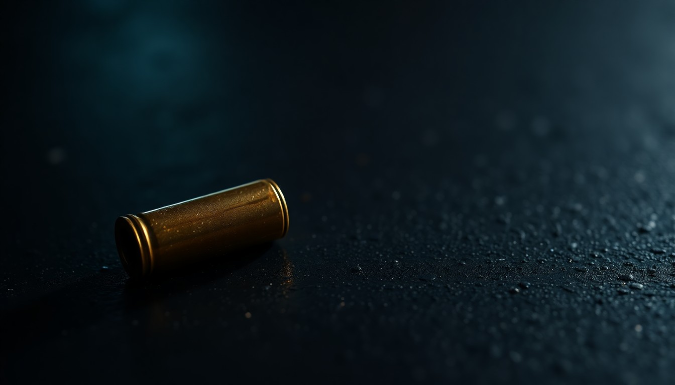 An extreme close-up photograph of a single spent bullet casing on a dark, textured surface, lit by a harsh, direct camera flash, conceptually representing the aftermath of a shooting incident.