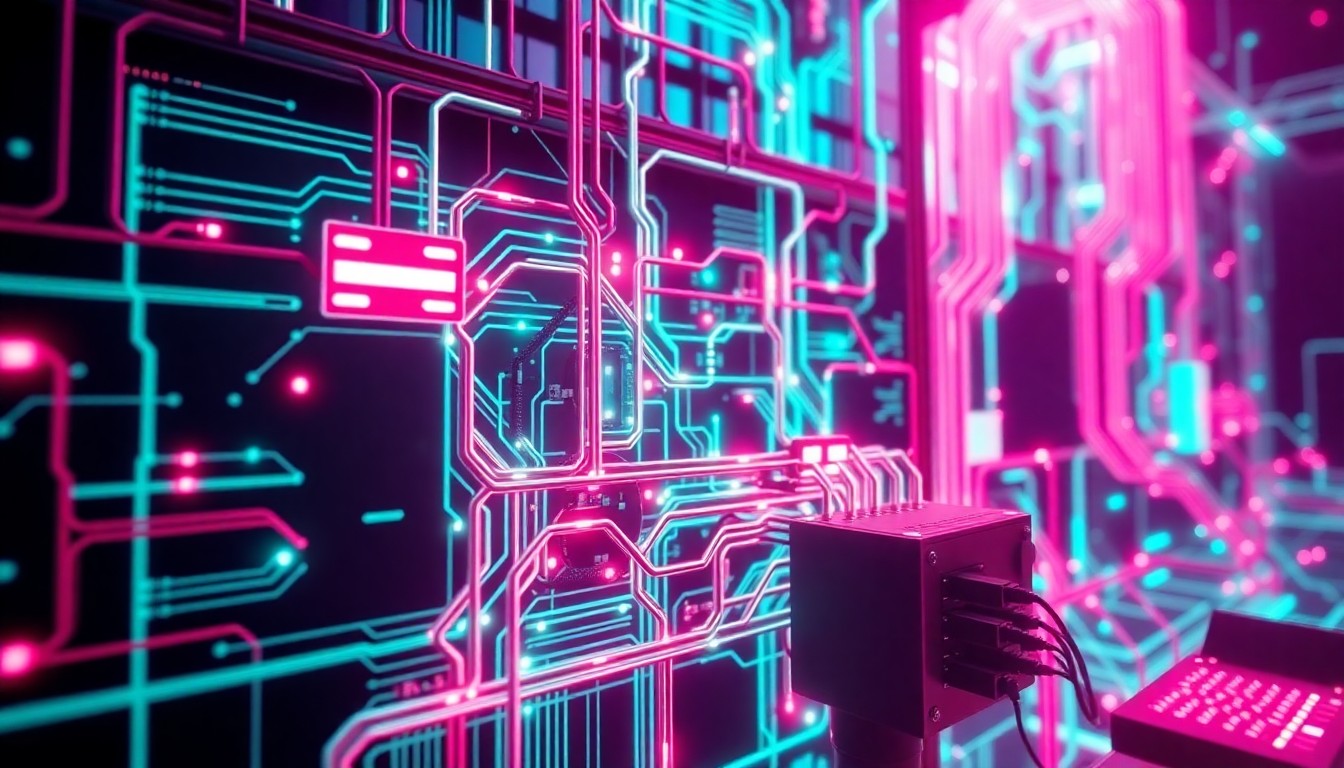 A visually striking, futuristic illustration of a glowing, interconnected network of cybersecurity hardware, symbolizing the complex and vital nature of modern digital security.