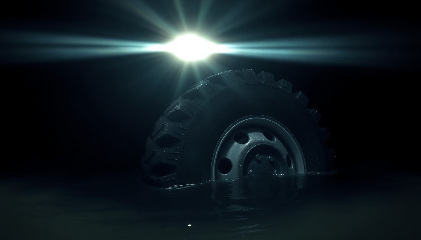 An extreme close-up of a partially submerged truck tire in murky lake water, the harsh flash lighting creating a gritty, investigative aesthetic that conceptually represents the sudden, unexpected nature of the accident.