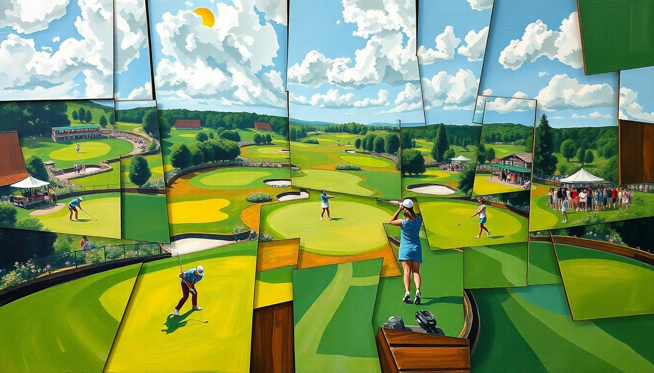 A cubist, geometric painting depicting a women's golf tournament, with overlapping planes of greens, fairways, and players in motion, conveying the energy and dynamics of the competition.