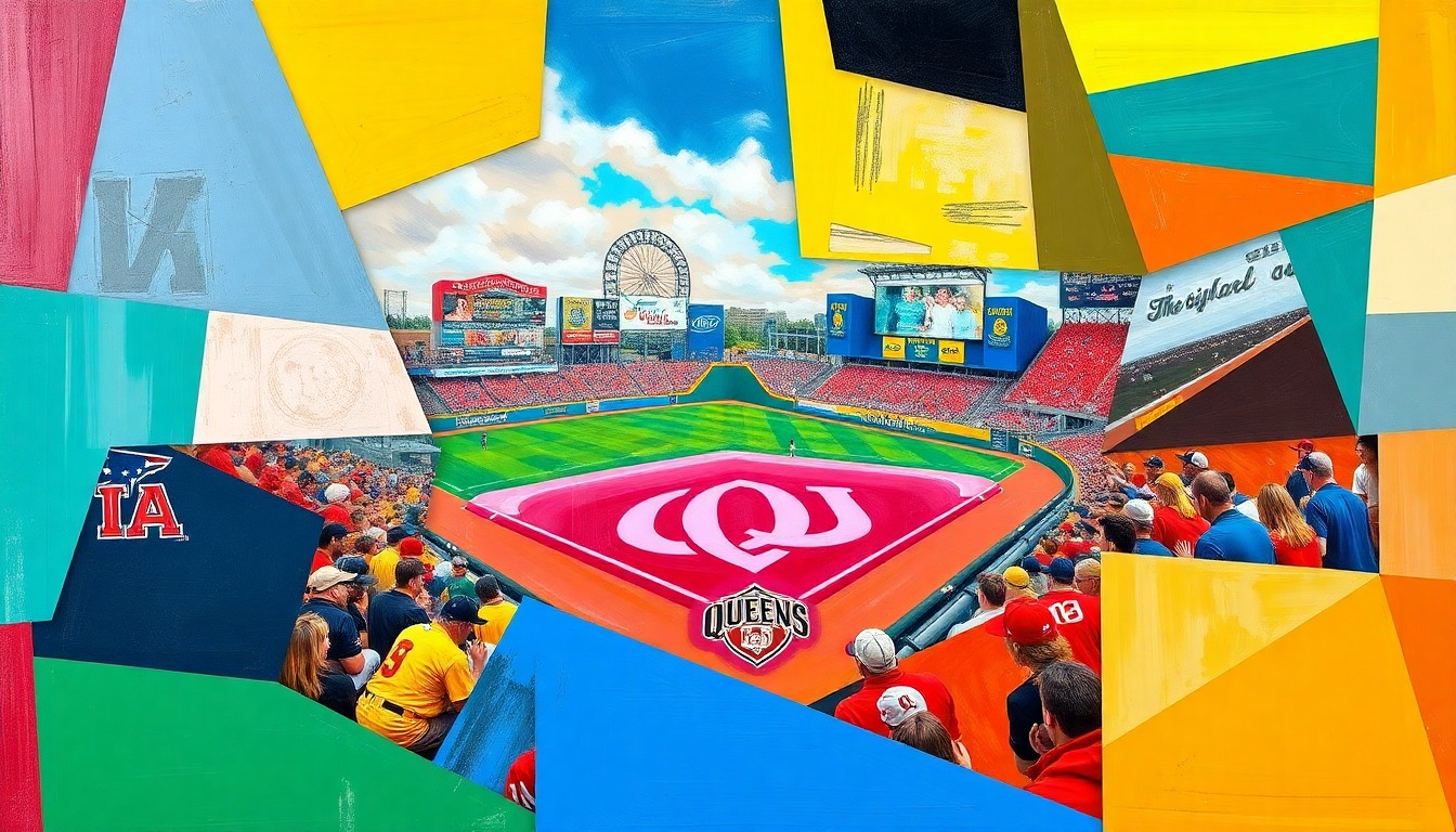 A fractured, geometric painting in bold colors representing the competitive spirit and shifting momentum of the baseball game between FGCU and Queens University.
