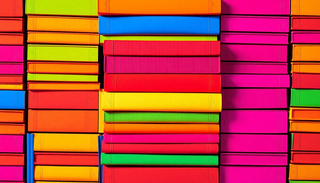 A bold, colorful silkscreen print featuring a repeating grid of stacked hardcover books in vibrant neon shades, conceptually representing the energy and creativity of independent bookstores.