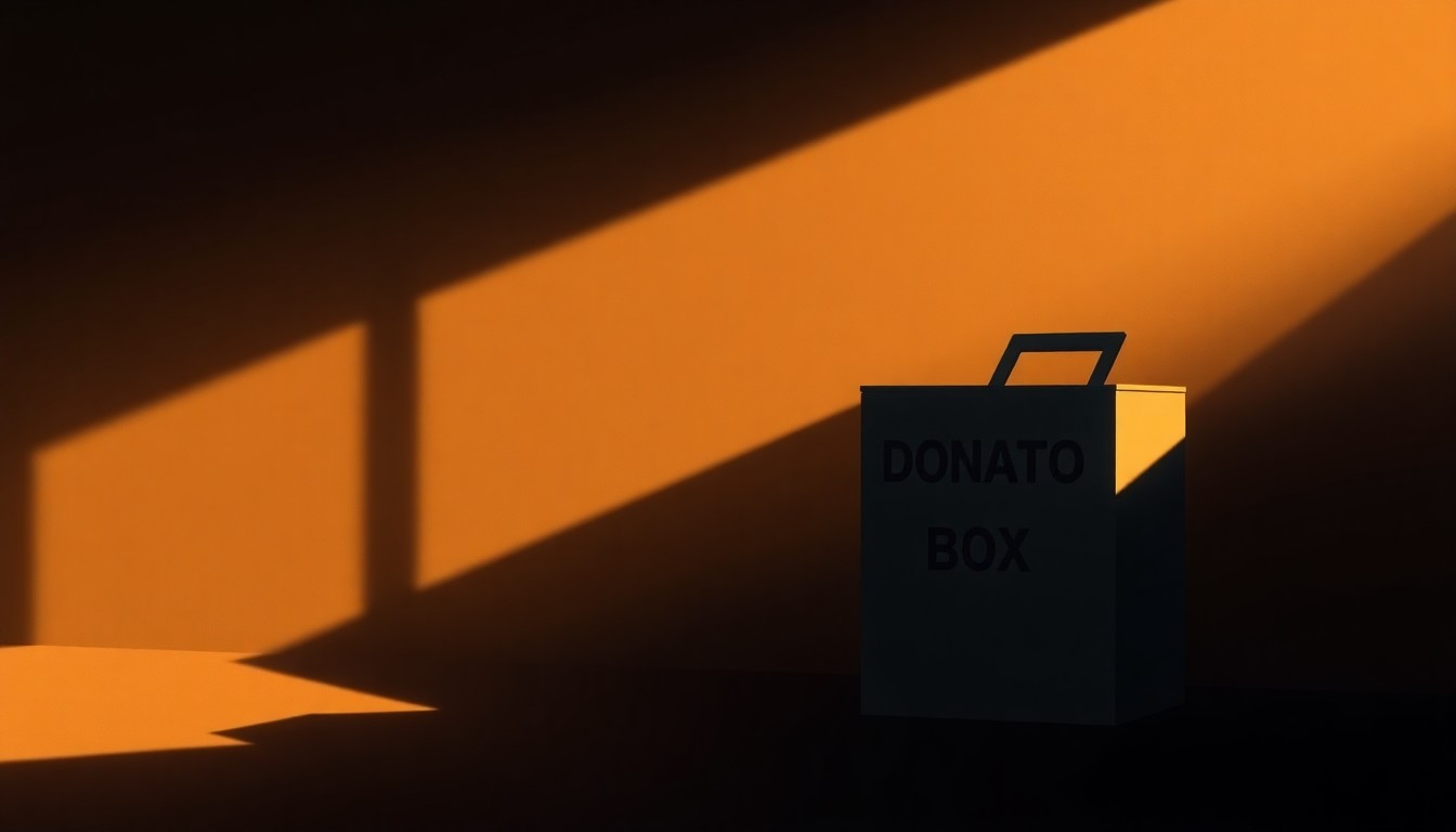 A realistic oil painting in the style of Edward Hopper, depicting a solitary campaign donation box or ballot box on a city street, bathed in warm, diagonal sunlight and deep shadows, conveying a sense of quiet contemplation and the weight of political influence.