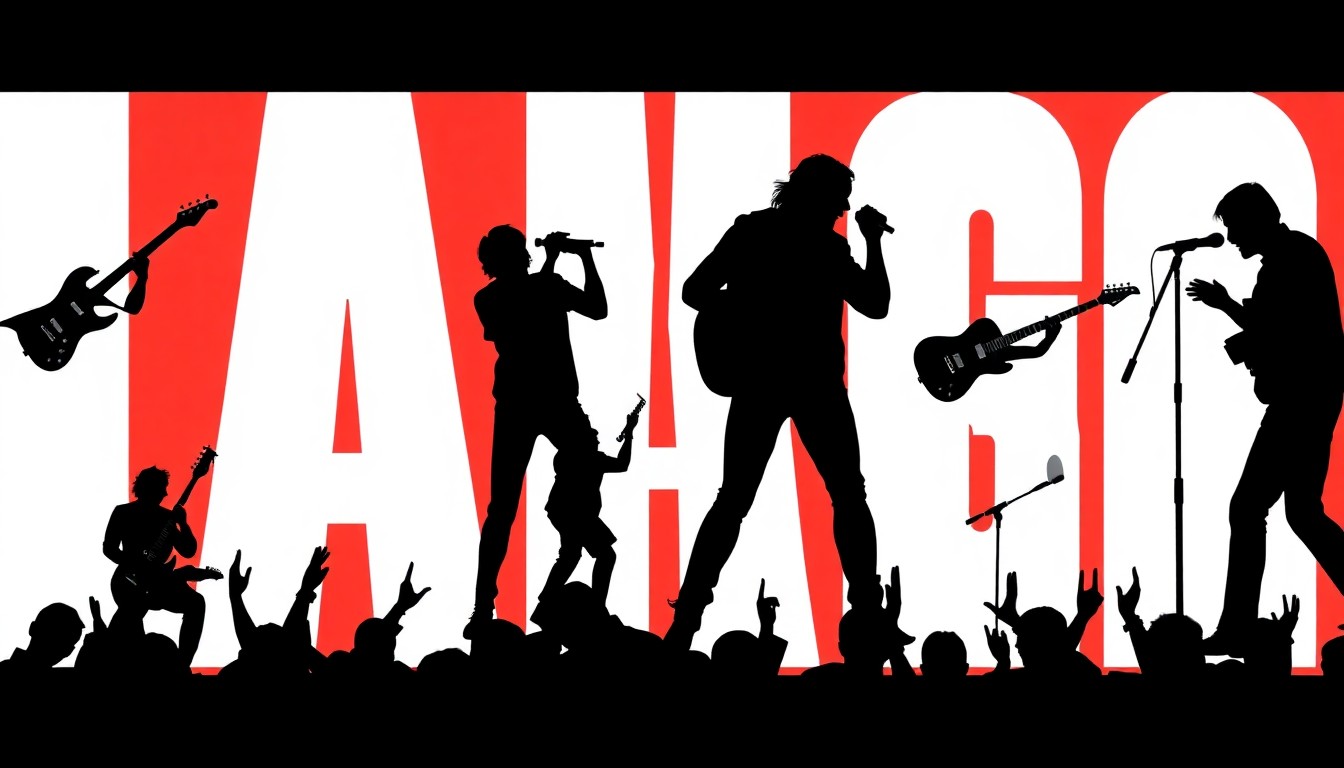 An abstract, minimalist illustration featuring sharp, angular black silhouettes of musical instruments and performers set against a high-contrast background of solid red and white colors, conveying the energy and creativity of the upcoming Batavia jazz concert.