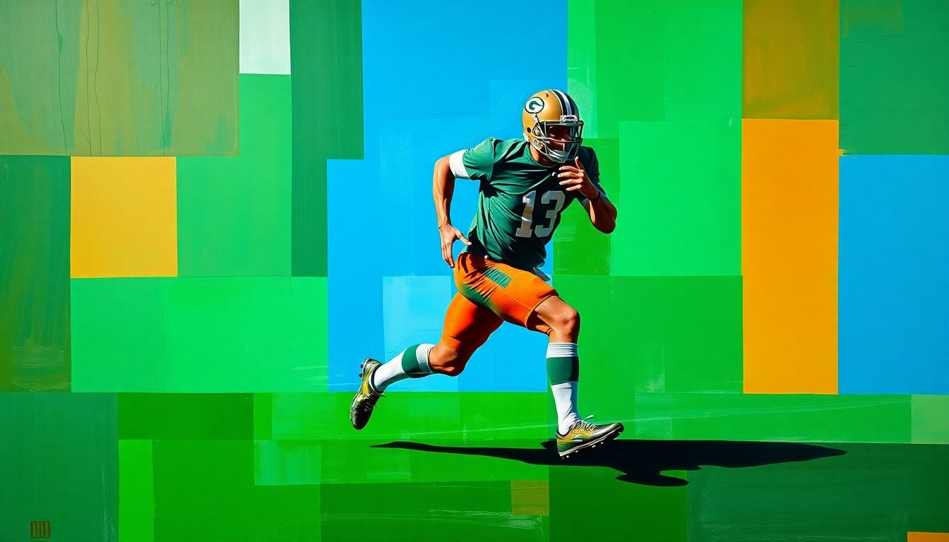 A cubist-style painting depicting a football player in motion, broken down into overlapping geometric shapes and planes of vibrant green, blue, and orange colors.
