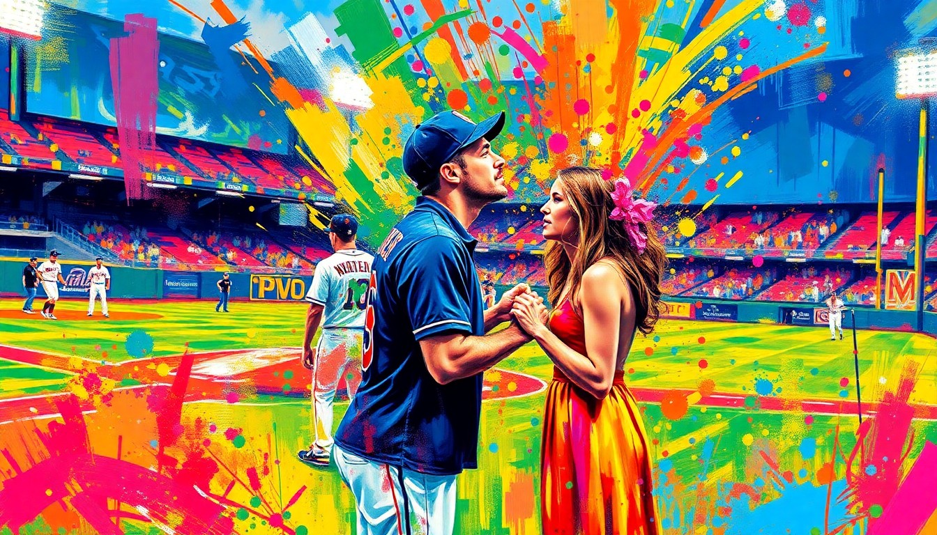 An abstract, expressionist painting in vibrant neon colors depicting the emotional energy of a baseball player proposing to his girlfriend on the field, with their figures dissolving into bold brushstrokes and splashes of color.