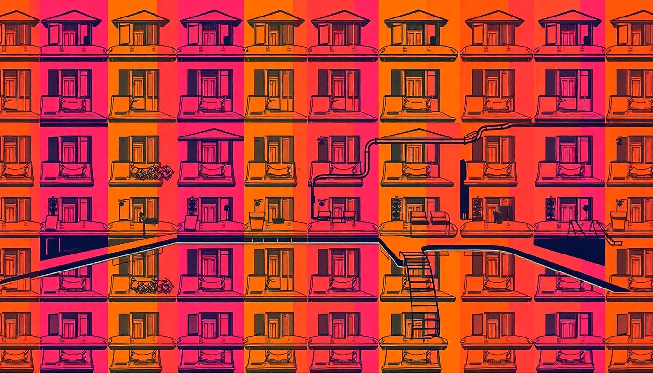 A brightly colored, high-contrast silkscreen print of a swimming pool repeated in a tight grid pattern, conceptually representing the luxury amenities of a recently renovated suburban home.