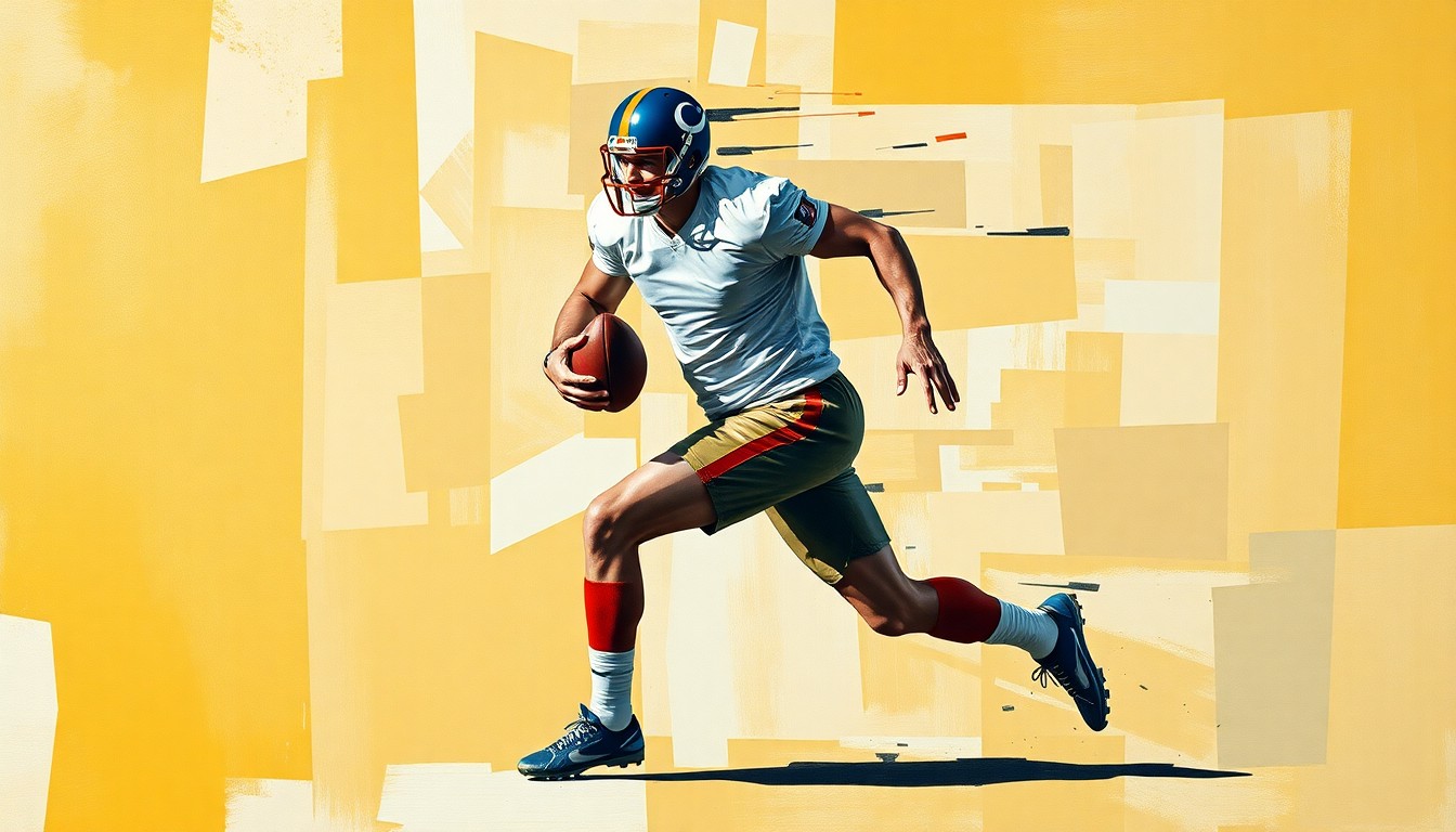 A cubist, geometric painting depicting a football player in mid-motion, their form broken down into overlapping angular shapes and planes in a vibrant color palette.