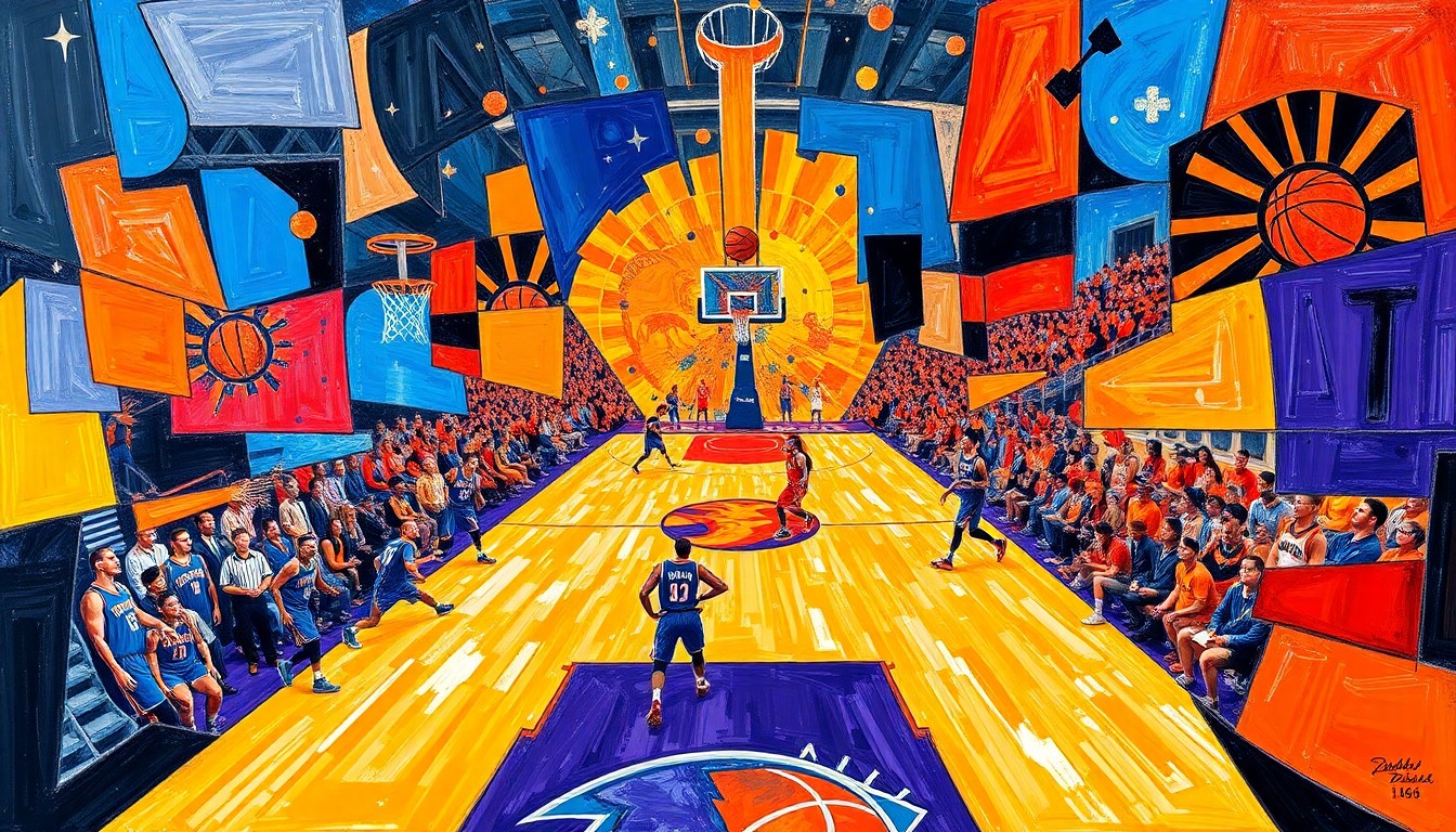 A fractured, cubist-style painting depicting an intense basketball game between the Oklahoma City Thunder and Phoenix Suns, with the players' forms broken down into sharp, overlapping geometric shapes in a vibrant color palette.