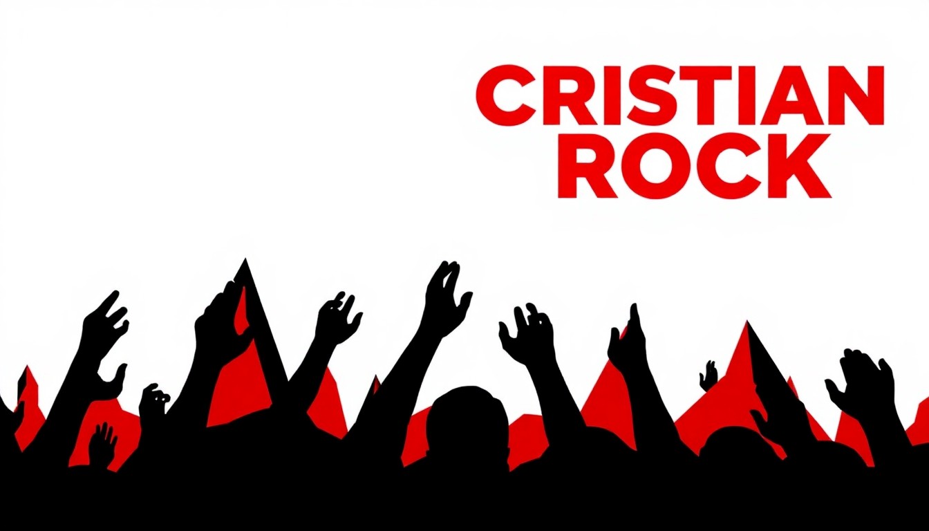 An abstract, minimalist illustration featuring jagged, overlapping black and white shapes with accents of deep red, conceptually representing the energy and message of Christian rock music.