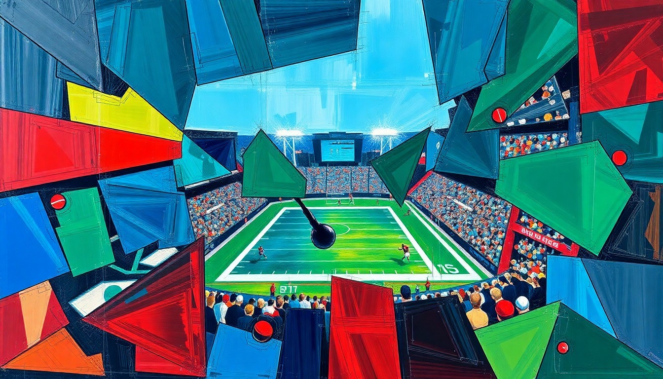 A cubist, geometric painting depicting fragmented football players, draft picks, and team logos, conveying the strategic complexity of the 2026 NFL Draft for the Seahawks and Cardinals.