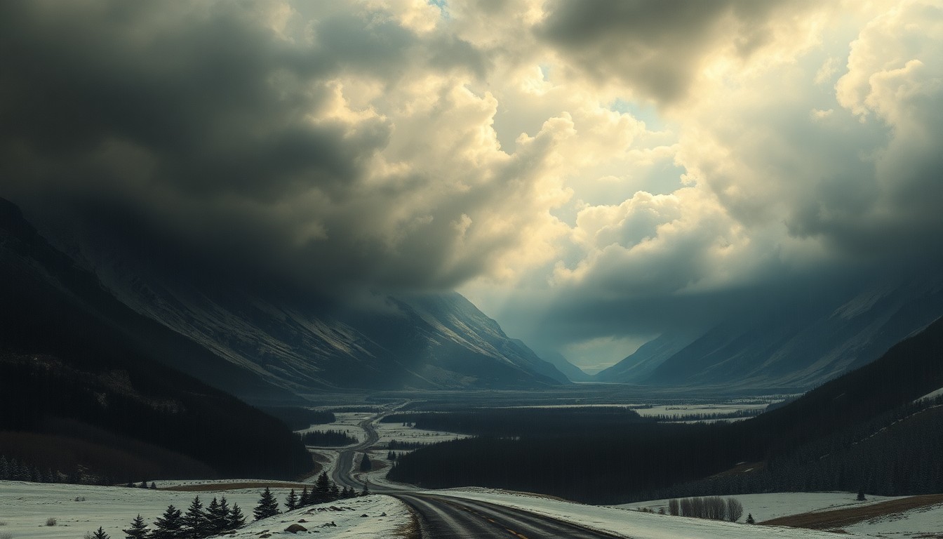 A vast, atmospheric landscape painting depicting a late-season storm system over Northern California, with heavy clouds, rain, and snow dominating the scene and obscuring any visible structures or roads.
