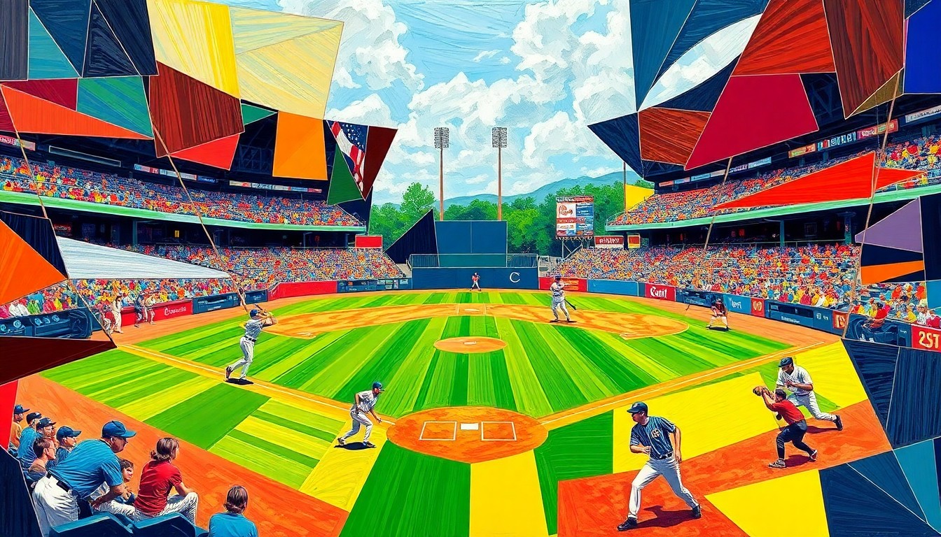 A fragmented, geometric painting in bold colors depicting the dynamic movements and energy of a high school baseball game.