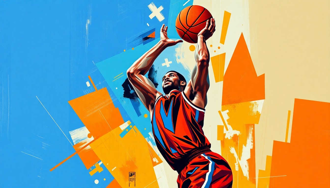 A cubist, geometric painting depicting the dynamic motion of a basketball player's jump shot, with the player's face and jersey obscured into overlapping planes of vibrant colors.