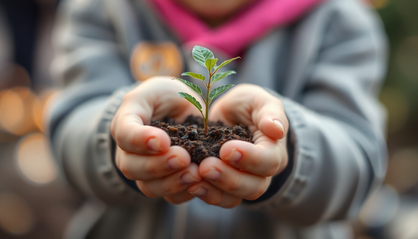 A soft, out-of-focus photograph of a child's hands gently holding a small tree seedling, surrounded by a warm, hazy bokeh of blurred colors representing the vibrant community event.