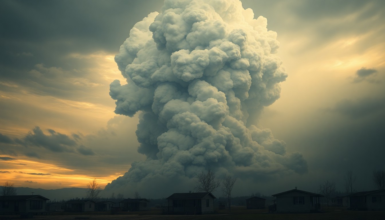 A dramatic landscape painting in muted tones of grey and blue, with a massive column of billowing smoke rising into an overcast sky, dwarfing the silhouettes of damaged mobile homes in the foreground, conveying the overwhelming scale and power of the natural disaster.