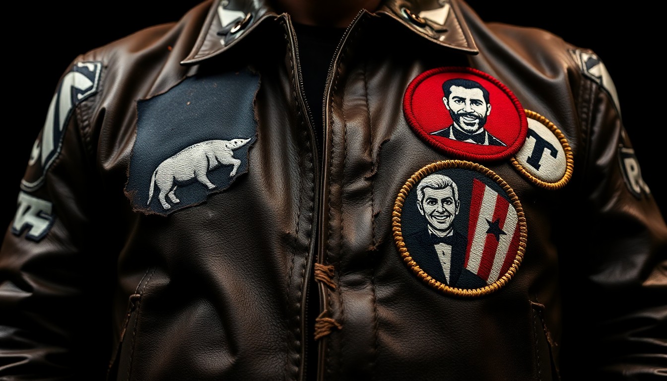 An extreme close-up photograph of a weathered leather jacket with embroidered patches, capturing the rich textures and worn details in a dramatic, high-contrast studio lighting setup that evokes a gritty, high-fashion aesthetic.