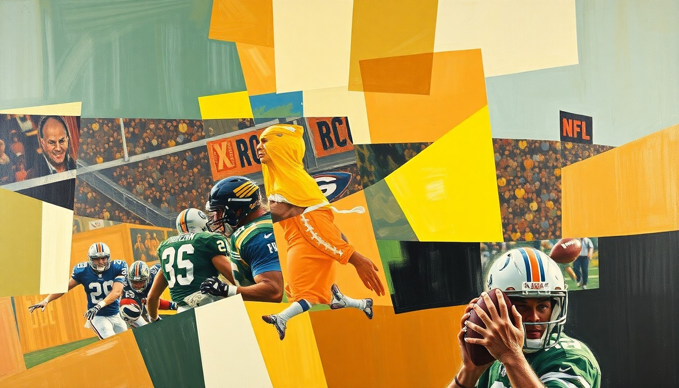 A cubist, geometric painting depicting fragmented football players and draft prospects, conveying the complex decisions facing NFL teams on draft day.