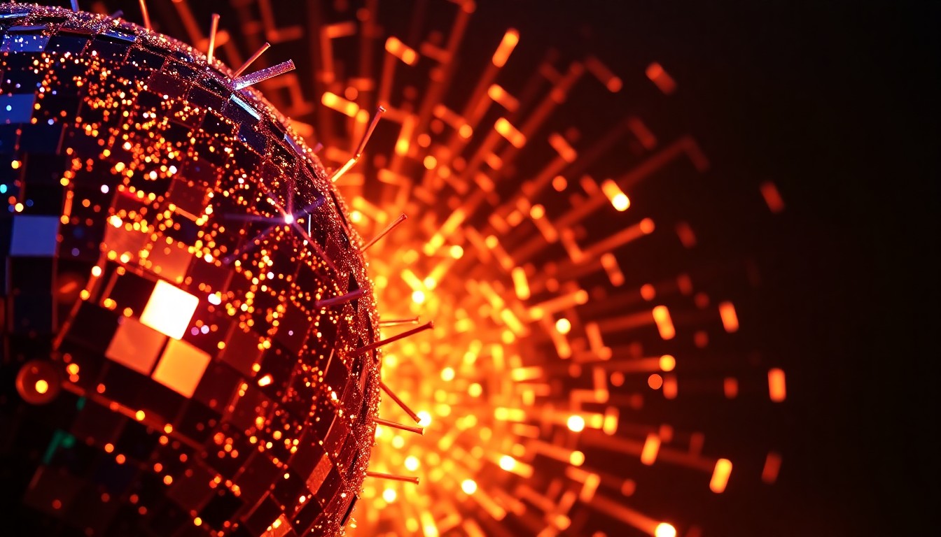 An abstract close-up photograph of shimmering, reflective glass shards in high-contrast studio lighting, evoking the vibrant and energetic atmosphere of the Spring Madhouse music showcase.