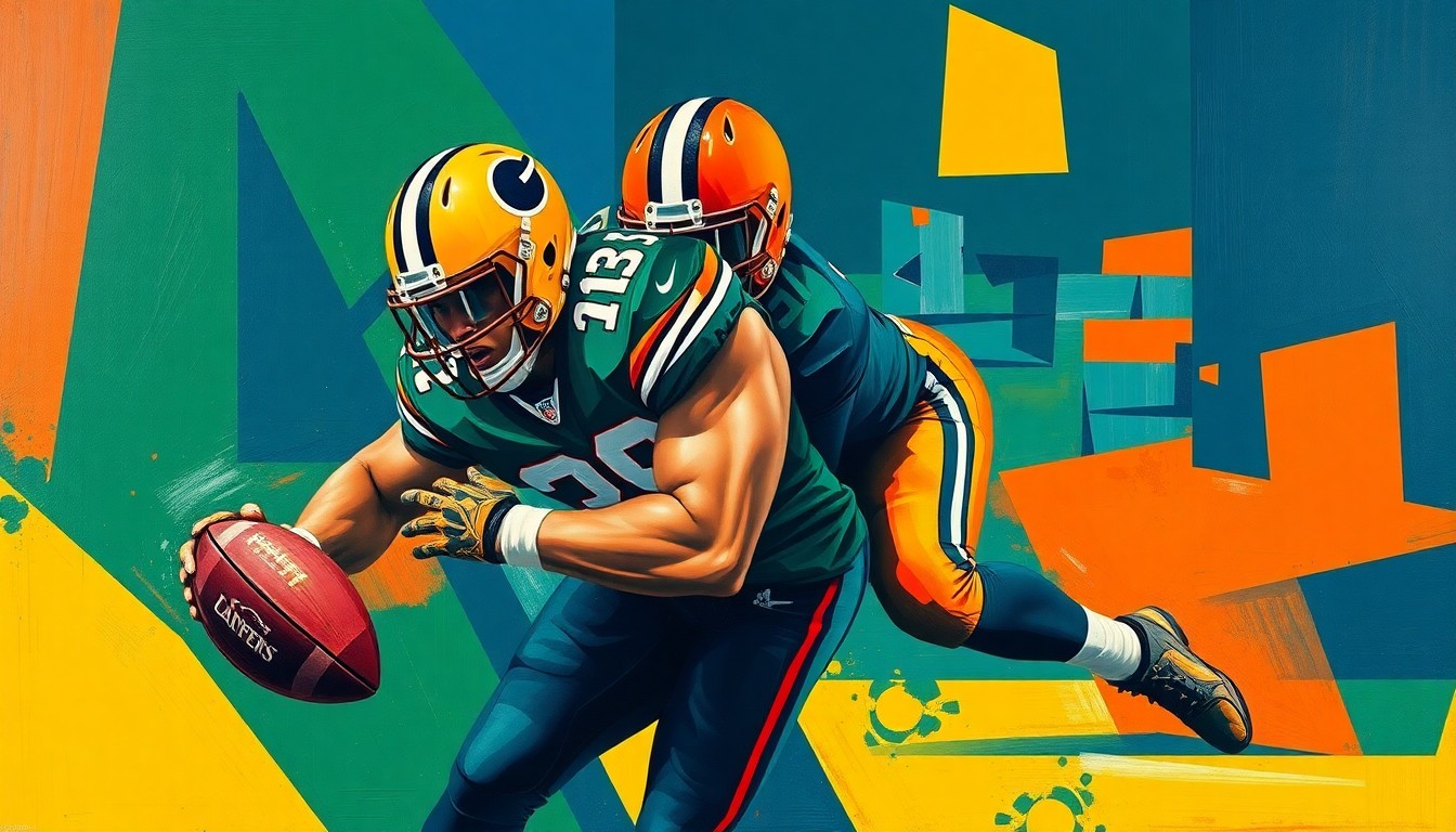 A fragmented, geometric painting depicting a linebacker in motion, with sharp planes of color and overlapping shapes conveying the raw physicality of the sport.