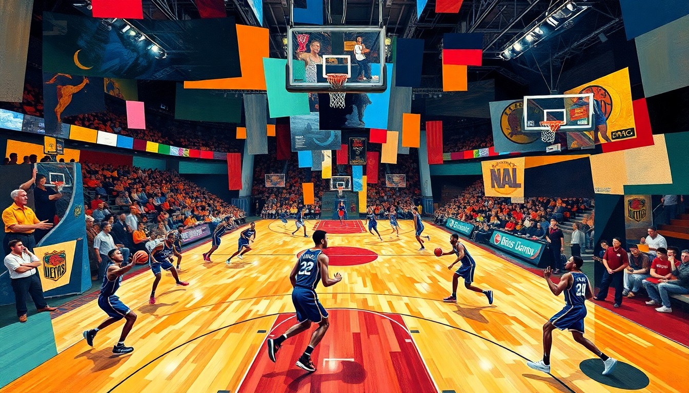 A cubist, geometric painting depicting a basketball game in motion, with fragmented, overlapping shapes and planes of players, the ball, and the court, rendered in a vibrant color palette.