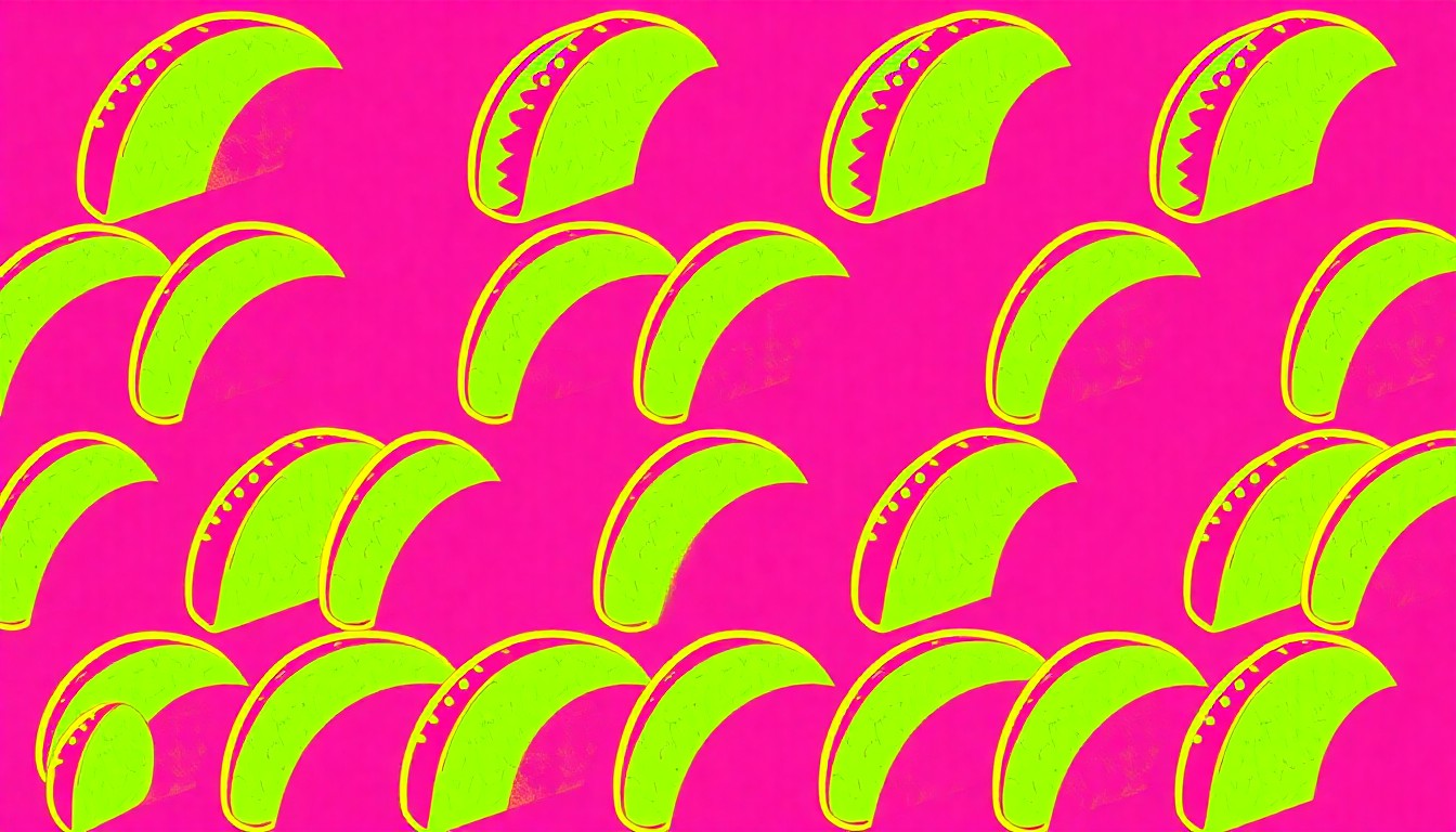 A high-contrast, silkscreen-style illustration of a single, iconic taco shell repeated in a grid pattern, rendered in vibrant neon colors and heavy black outlines to capture the bold, pop art essence of Taquería La Tarahumara's signature street tacos.