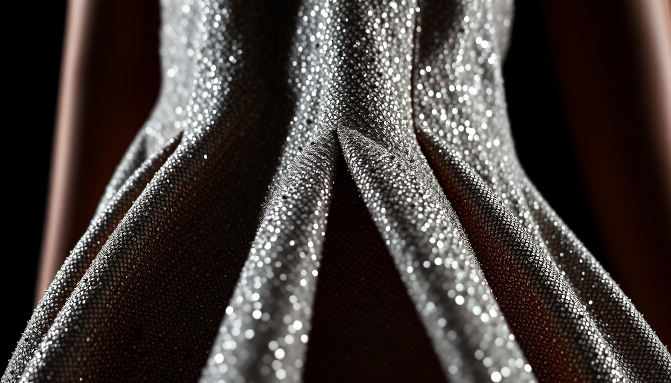 An extreme close-up photograph of the intricate, shimmering texture of a designer cocktail dress, capturing the luxurious materials and high-fashion aesthetic of Jules' new lifestyle.