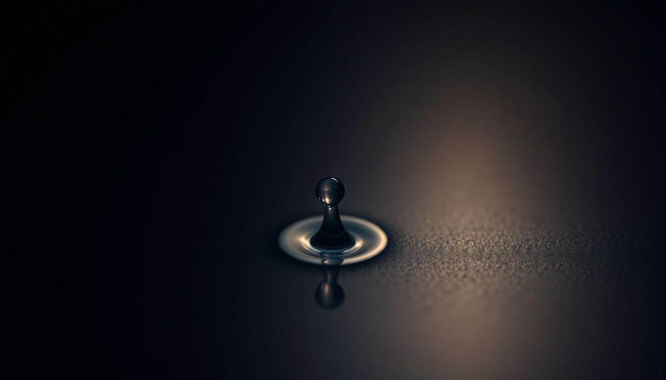 An extreme close-up of a single water droplet on a dark surface, reflecting a faint glimmer of light, conceptually representing the solemnity and gravity of a tragic drowning investigation.