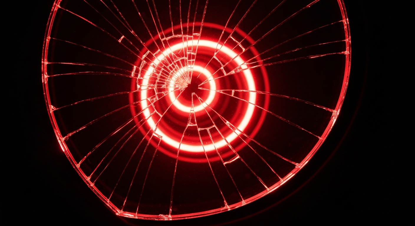 An extreme close-up of a shattered car sensor lens reflecting a faint red light, conceptually illustrating the vandalism of self-driving cars.