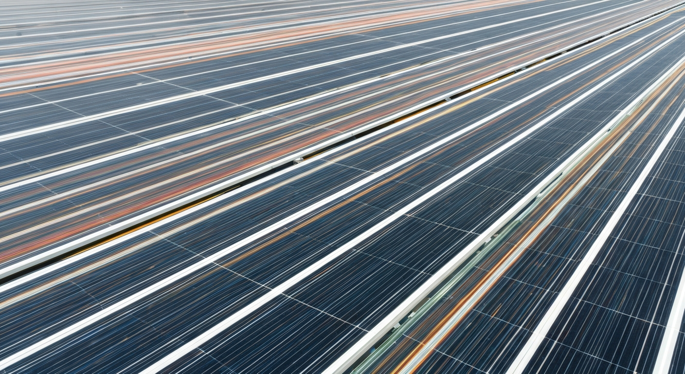 Heavily blurred, sweeping brushstrokes of bright colors representing the motion and energy of a solar panel assembly line