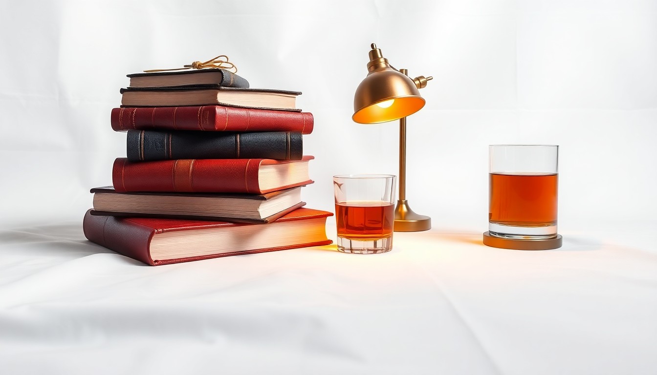 A photorealistic studio still life featuring a stack of leather-bound books, a brass desk lamp, and a glass of amber-colored liquid, symbolizing the abstract concepts of leadership, decision-making, and the power of relationships.