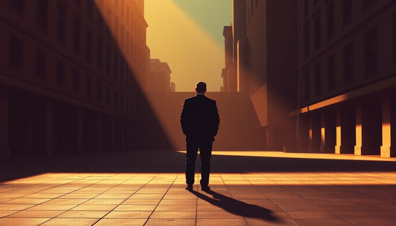 A lone figure of a politician standing in an empty urban plaza, the scene bathed in warm, dramatic lighting and deep shadows, conveying a sense of solitude and contemplation.