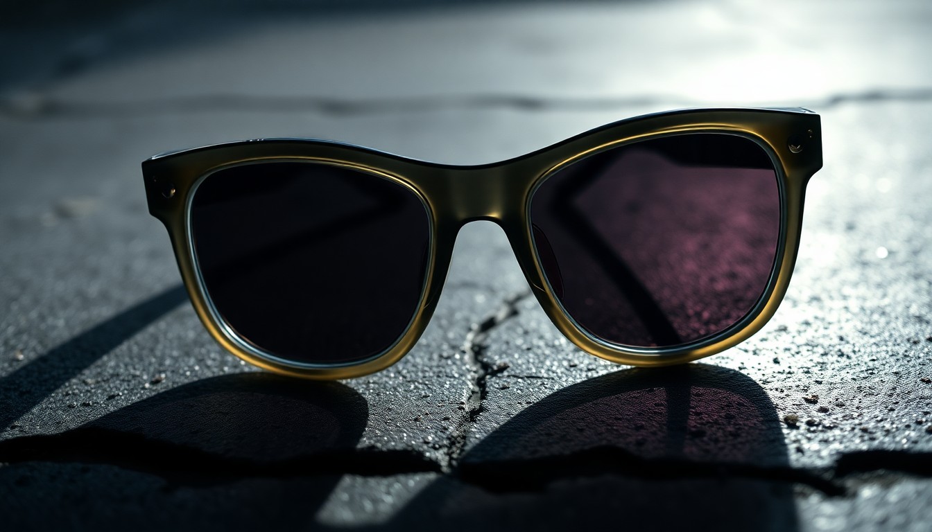 An extreme close-up photograph of a broken pair of children's sunglasses on a dark concrete surface, lit by a harsh, direct camera flash, conceptually representing the aftermath of a reported incident involving a man chasing young girls.