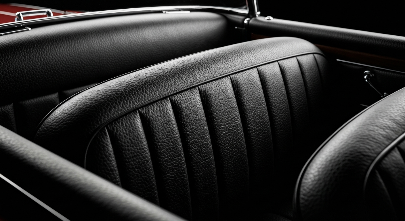 An extreme close-up of the pebbled leather interior of an Auburn Boattail Speedster, capturing the rich textures and luxurious materials that defined the car's cabin. Dramatic lighting highlights the intricate details and craftsmanship.