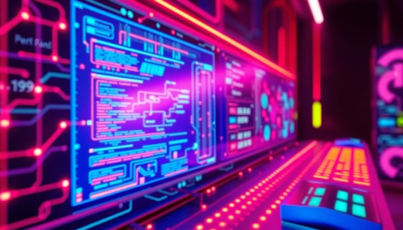 A highly detailed, glowing 3D illustration of a complex software development interface, with intricate digital components and infrastructure illuminated by vibrant neon lights, conceptually representing the advanced technology behind software development.