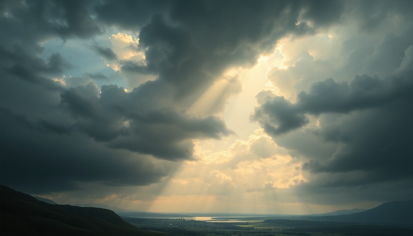 A dramatic, atmospheric landscape painting in muted tones of grey, blue, and gold, depicting a stormy sky with heavy clouds and rays of sunlight breaking through, dwarfing a small town in the distance, conveying the overwhelming power of nature.