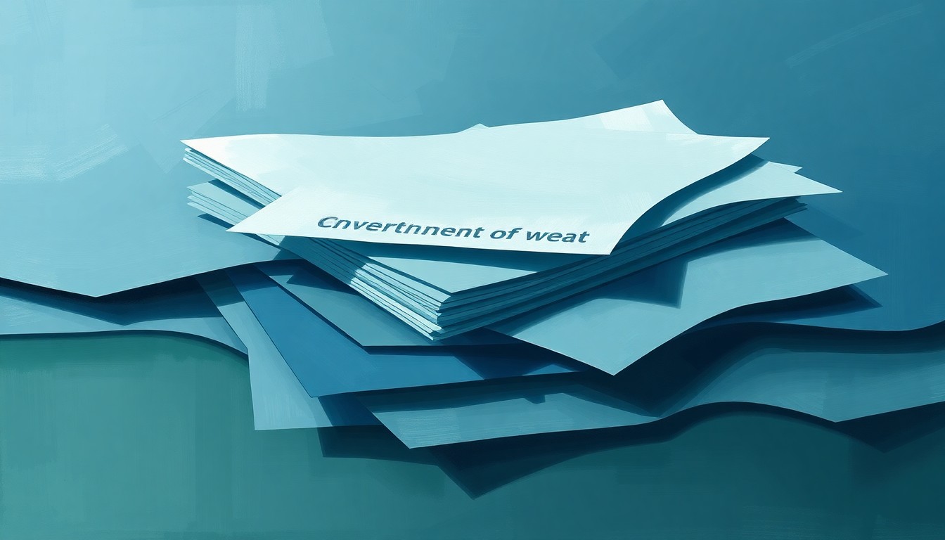 An abstract, fragmented painting in shades of blue, grey, and green, depicting a stack of documents in a dynamic, overlapping geometric composition, conveying the conceptual tension between transparency and bureaucracy.